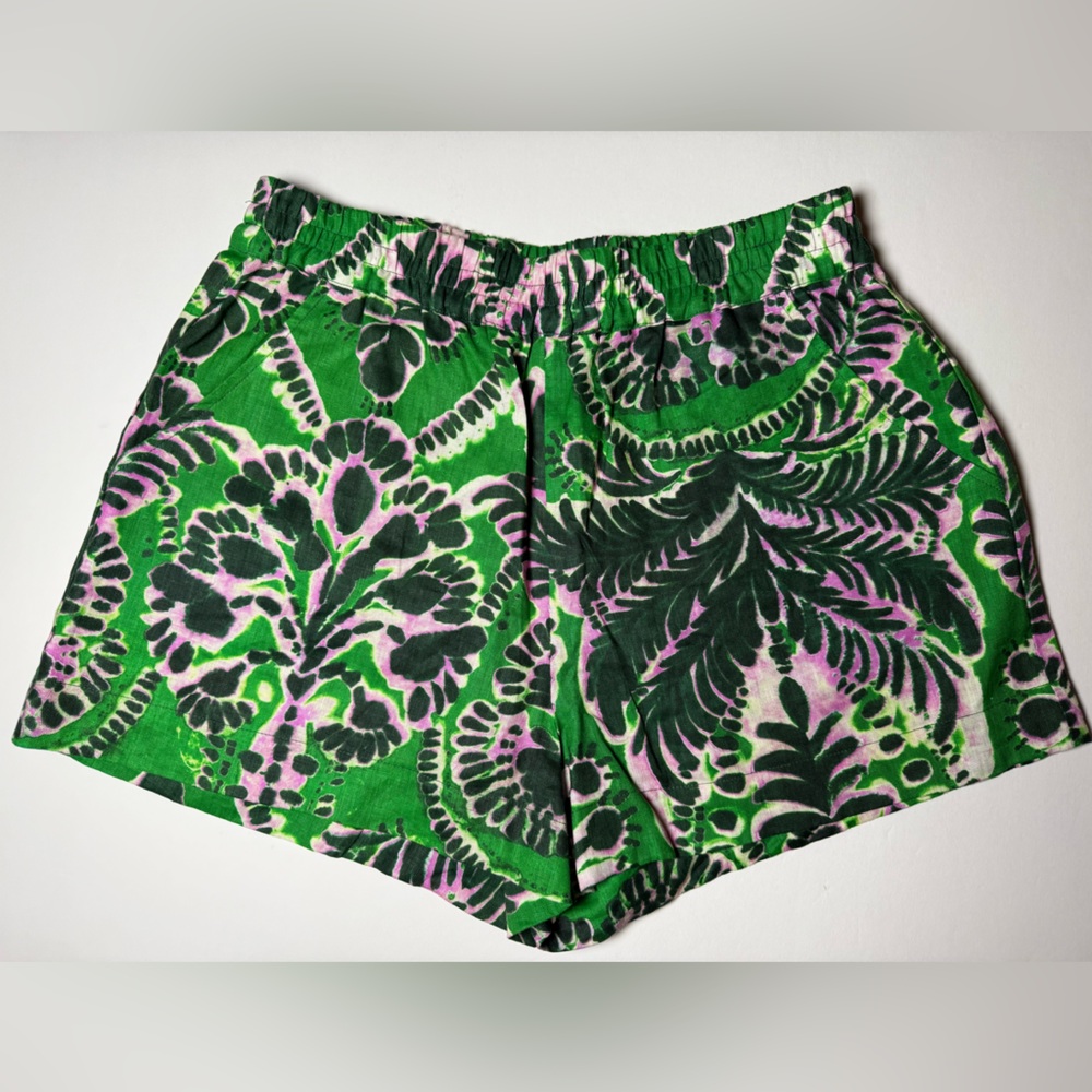 Marie Oliver 100% linen tropical print shorts green pink elastic waist sz small
